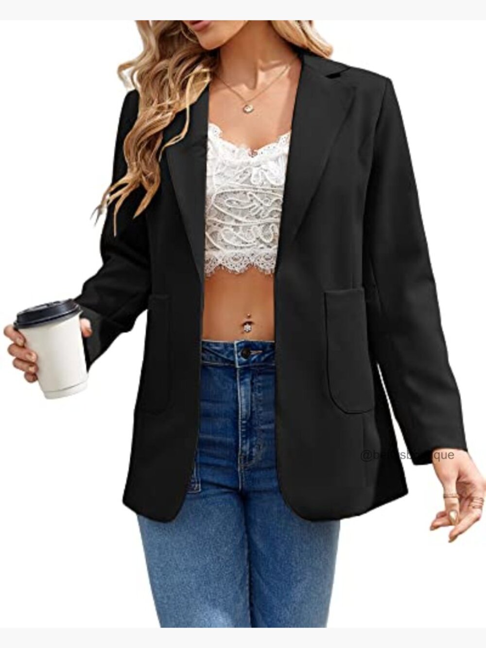 Women's Open Front Long Sleeve Lapel Collar Blazer Jacket - Picture 2 of 5